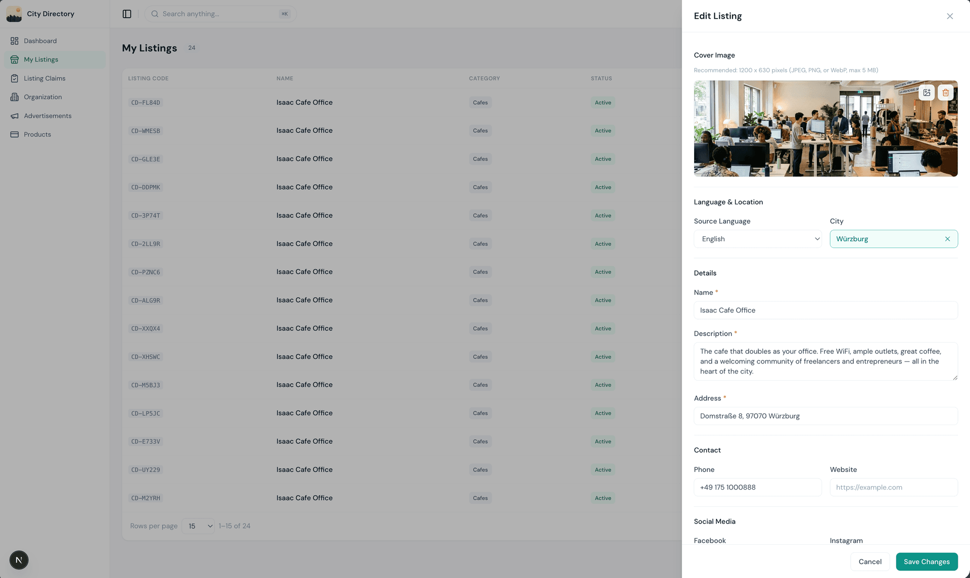 Listing manager with edit drawer