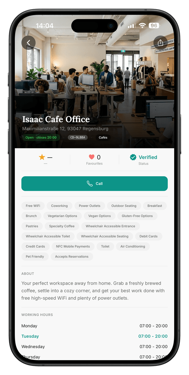 Business listing in app